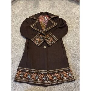 Avatar Clothing Embroidered Brown Floral Plaisley Long Duster Jacket Pockets Med